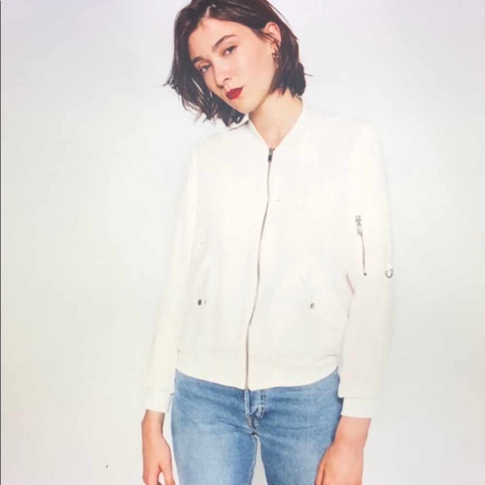 Zara White Crepe Bomber Jacket